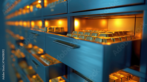 Closeup open safe deposit lockers with golden ingots photo