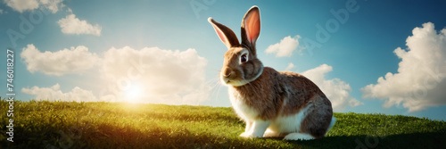 White rabbit sitting in grassy field with colorful easter eggs. Easter bunny on spring meadow lawn. Easter, Pascha or Resurrection Sunday, Christian festival and cultural holiday concept. Wide banner photo