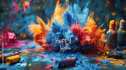happy holi text with explosion of colors