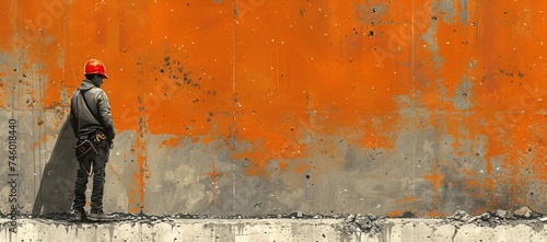 A solitary construction worker gazing at a vast orange wall representing contemplation and the enormity of urban work