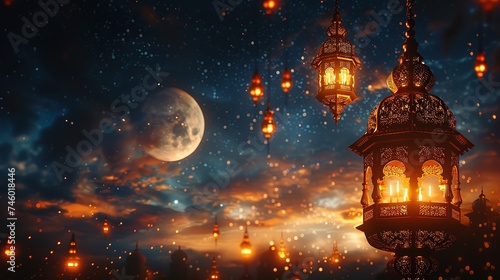 Ramadan Mubarak crescent moon and lanterns template showcasing elegant, Ramadan Kareem set of posters and showcasing elegant Islamic lanterns, and a arabic ornaments © Waqas