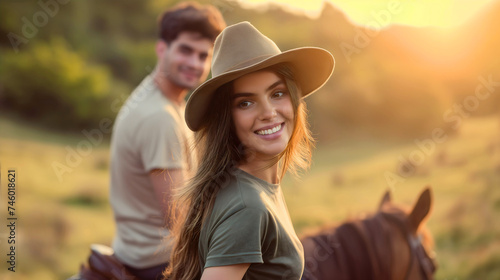 Closeup of a beautiful young woman with brunette hair, wearing a straw hat, riding on a brown domestic horse back, on the countryside meadow during the sunset, looking at the camera and smiling