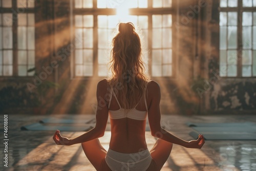 A backlit figure of a woman meditating in a serene, sunlit room, invoking a sense of peace and mindfulness
