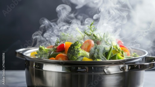 Our stock photo showcases a steamer filled with various vegetables, isolated. Elevate your culinary projects with images of nutritious, colorful meals