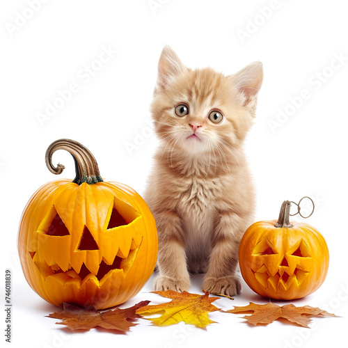 Cute kitten with Halloween pumpkins carved © shobakhul