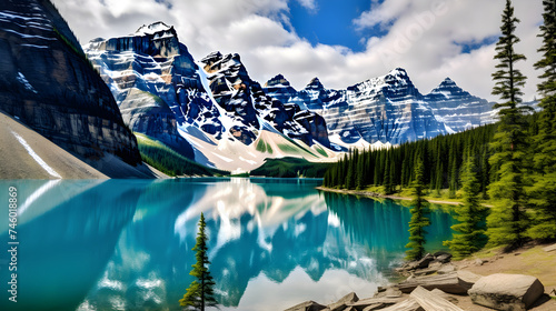 Enthralling Beauty of Pristine Snow-Capped Peaks and Dense Forests Reflected in the Serenity of a Lake © Bobby