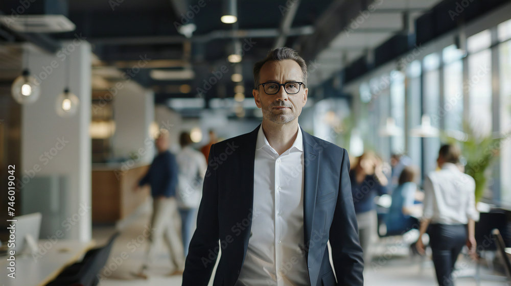 Confident CEO Leading Team Through Busy Office With Optimism and Motivation Confident CEO Leading Team Through Busy Office With Optimism and Motivation
