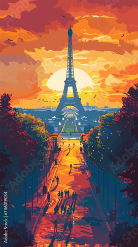 Colorful illustration of Paris cityscape with the Eiffel Tower in the background