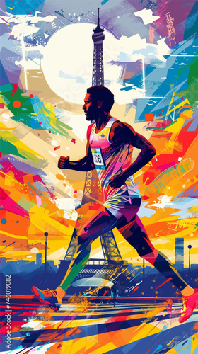 Colorful illustration of a marathonist in Paris with the Eiffel Tower in the background, Olympic Games