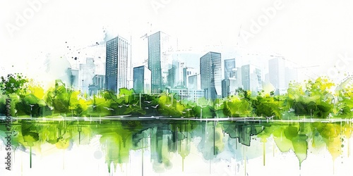 Generative AI  Watercolor painted green ecology urban landscape  Sustainable Living  Eco-Friendly concept