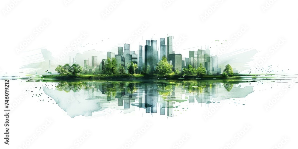 Obraz premium Generative AI, Watercolor painted green ecology urban landscape, Sustainable Living, Eco-Friendly concept