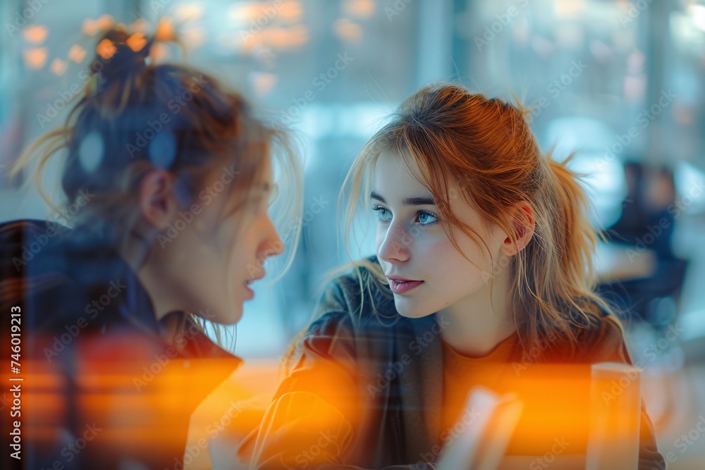 A thoughtful young woman's reflection merges with the lively interior of a cafe, highlighting introspection amid bustle