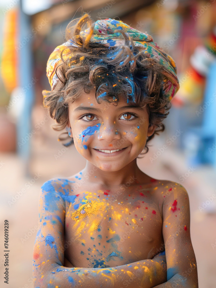 Fototapeta premium Indian little boy playing colors on holi festival