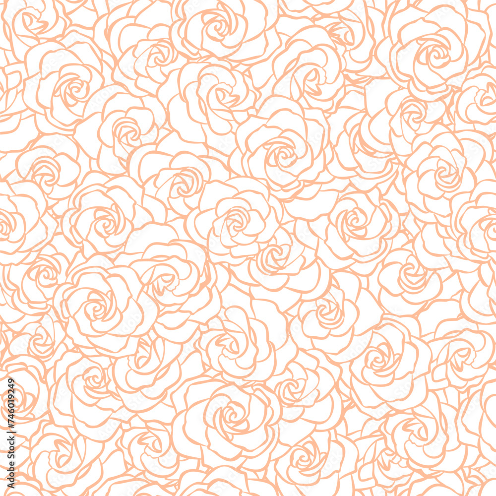 Peach fuzz flower seamless pattern. Delicate rose flower head for spring, girly background. Vector monochrome illustration for textile, scrapbook, fabric, wallpaper, card, invite