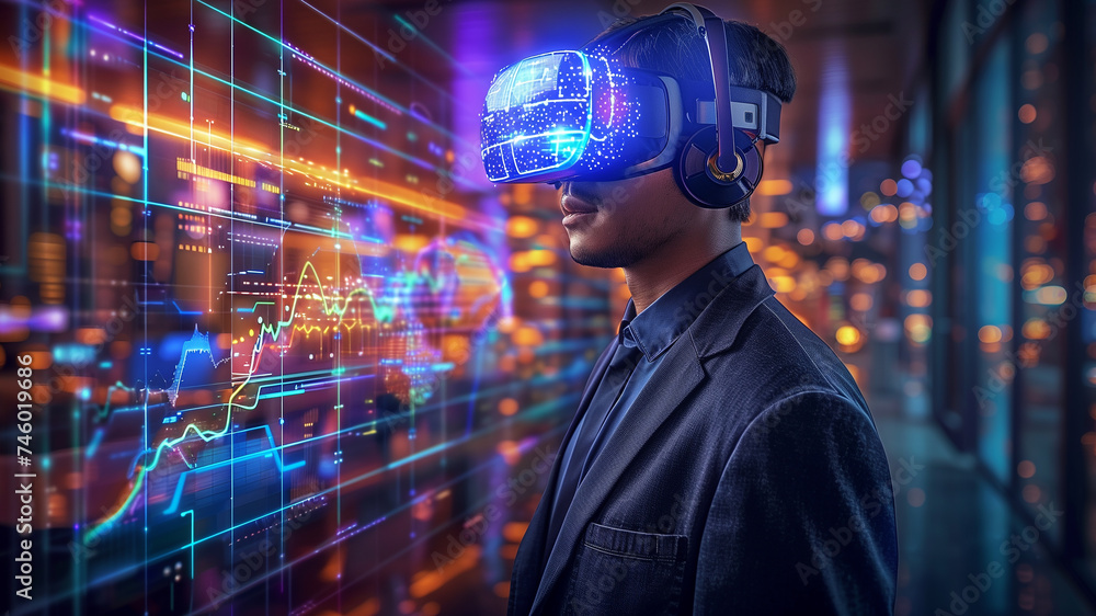 Professional in a suit utilizes VR technology to interact with digital data in dimly lit office Professional in a suit utilizes VR technology to interact with digital data in dimly lit office