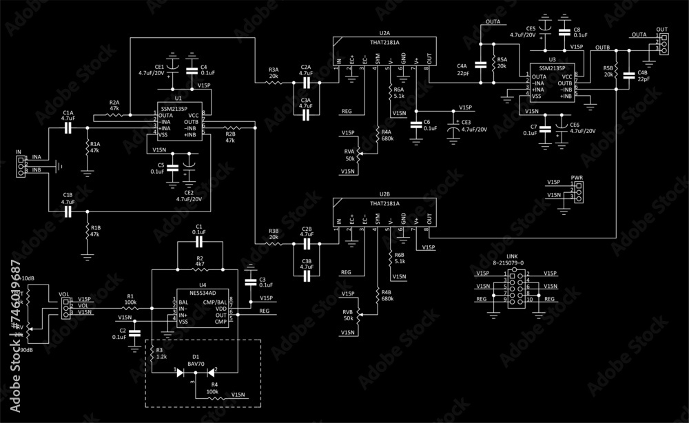 Fototapeta premium Technical schematic diagram of electronic device. Vector drawing electrical circuit with integrated circuit, capacitor, resistor, diode, connector, other electronic components.