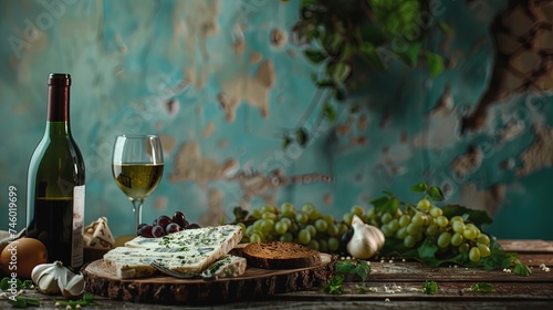 Wine and cheese on a wooden table in a rustic style, ai generative © Resi