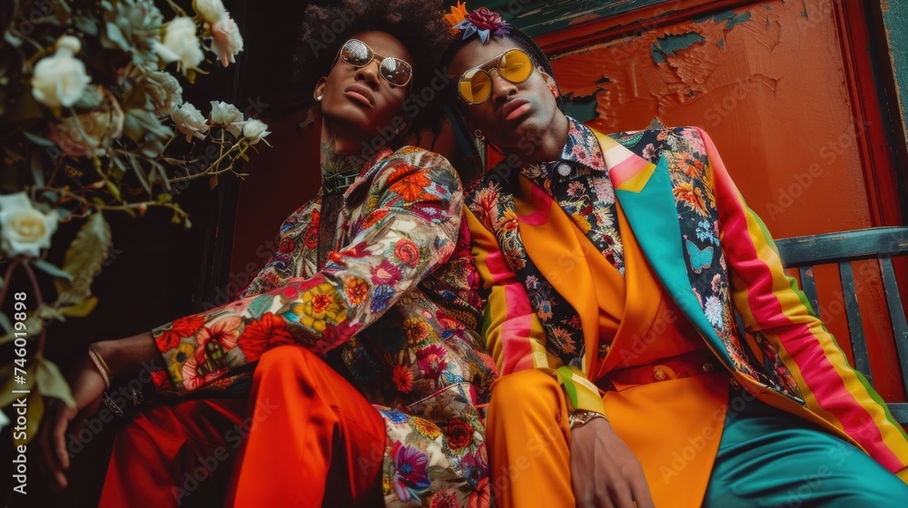 Diversity of queer men's fashion and style, celebrating the individuality that goes beyond traditional standards. Urban Fashion Flair. Vivid Couture Repose, LGBT