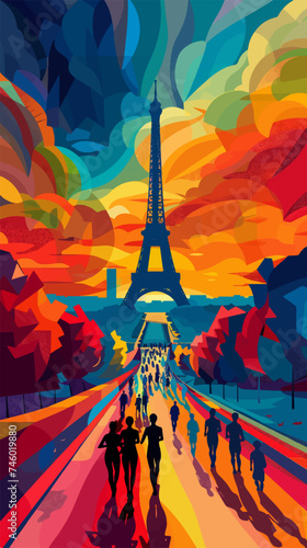 Colorful illustration of a persons running in Paris with the Eiffel Tower in the background, Olympic Games