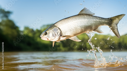 Shad fish in a freshwater fish jumping out of river water. 