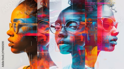 Abstract portraits reflecting digital identity and online personas.