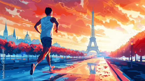 Colorful illustration of a persons running in Paris with the Eiffel Tower in the background, Olympic Games, marathonist