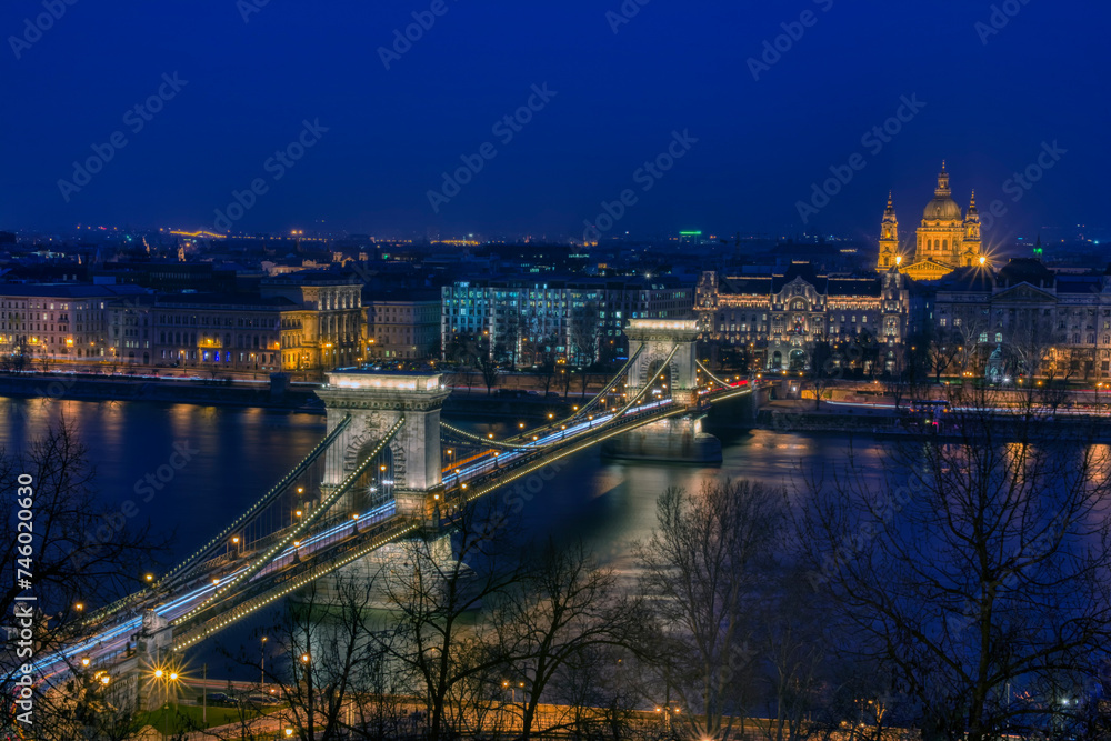 Panorama of Budapest, Hungary, with the Chain Bridge and the Parliament.