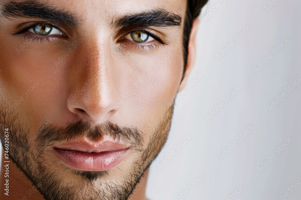 Obraz premium A close-up of a man's face, showcasing deep, expressive eyes and a subtle half-smile. The fine details of his facial features are highlighted, exuding a confident and alluring charisma