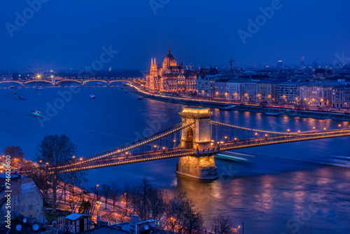 Panorama of Budapest, Hungary, with the Chain Bridge and the Parliament.