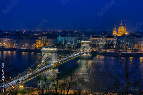 Panorama of Budapest  Hungary  with the Chain Bridge and the Parliament.