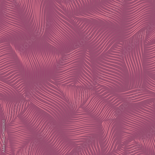 Repeat pattern of pink silky curved shapes with line texture. Art nouveau abstract monochromatic background with 3D effect.