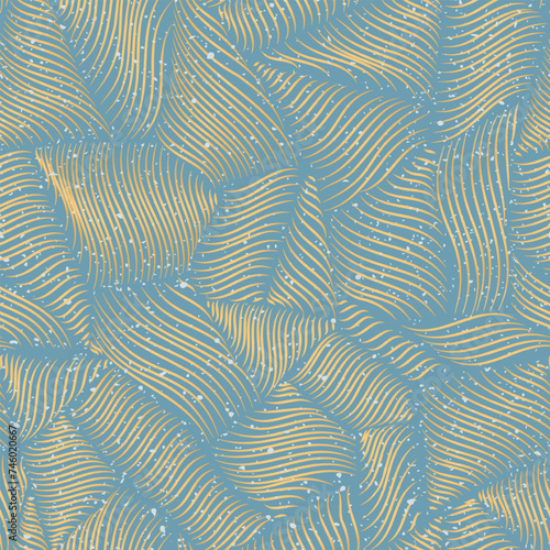 Christmas golden wavy line texture with sparkles on blue background. Seamless festive pattern of silky curved shapes.