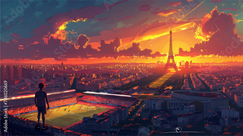 Colorful illustration of a sports track in Paris with the Eiffel Tower in the background, Olympic Games 2024.
