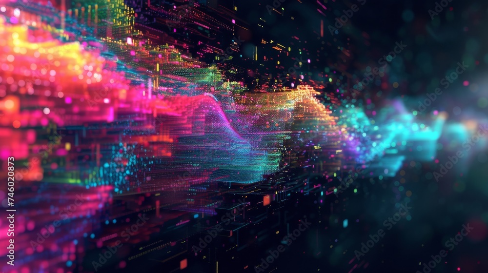An abstract representation of unstructured data being transformed into structured data. Imagine a vibrant, neon colored stream of unstructured data elements flowing into a data processing pipeline.