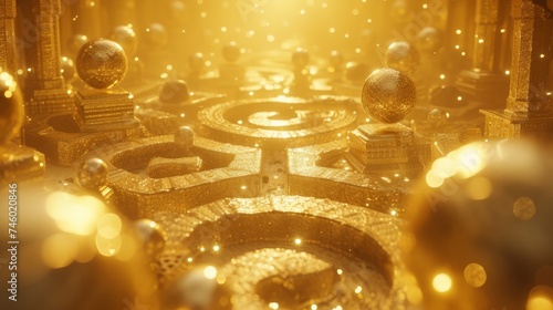 An abstract representation of customer loyalty and rewards program. Imagine a golden, labyrinthine maze where customers are depicted as shimmering orbs navigating the path. photo