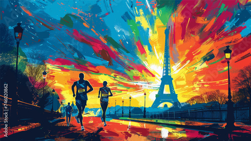 Colorful illustration of a persons running in Paris with the Eiffel Tower in the background, Olympic Games
