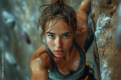 A focused young woman showing determination as she scales a rocky climbing wall with climbing gear photo
