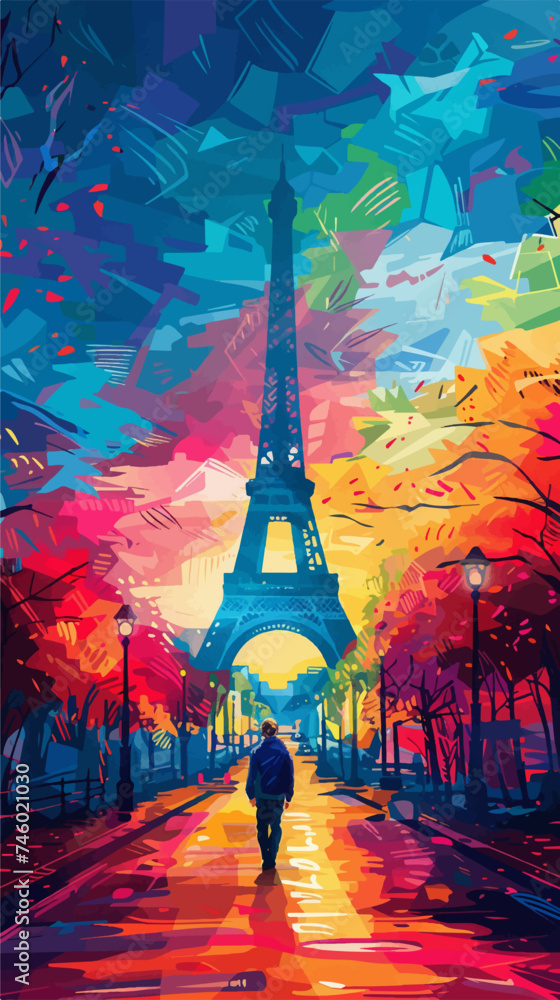 Colorful illustration of Paris cityscape with the Eiffel Tower in the background