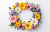 Floral wreath on white background. Frame made from spring flowers.