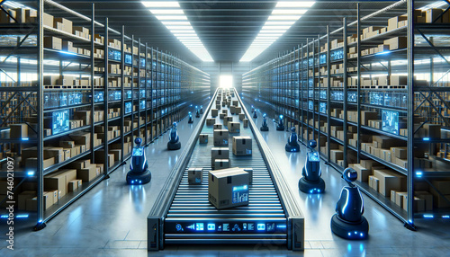 Futuristic automated warehouse interior with tall shelves stocked with boxes,robotic assistants on the floor,and a high-tech,glowing conveyor system under cool lighting.Logistics concept.AI generated. photo