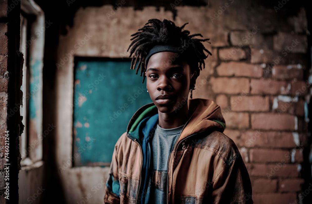 A teenager stands confidently against a rustic brick wall, exuding the raw, unfiltered energy of '90s hip-hop culture. The denim attire and ambient lighting capture a moment frozen in time.