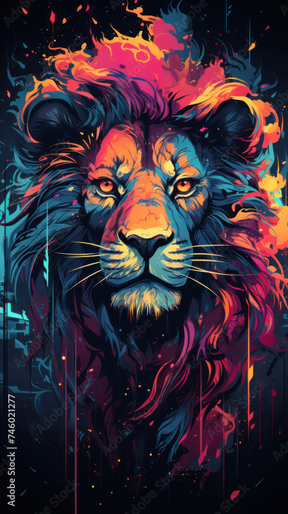 Bright colorful image of the head of a wild lion.
