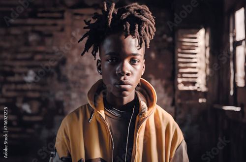 A teenager stands confidently against a rustic brick wall, exuding the raw, unfiltered energy of '90s hip-hop culture. The denim attire and ambient lighting capture a moment frozen in time. © hobonski