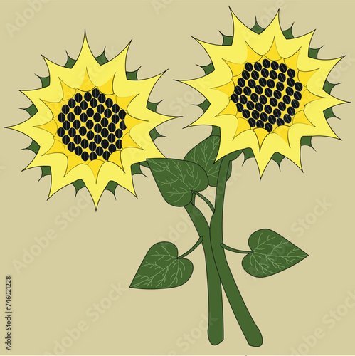 Two sunflowers hug each other, pressing their stems and green leaves. The plant has a yellow flower containing black seeds.