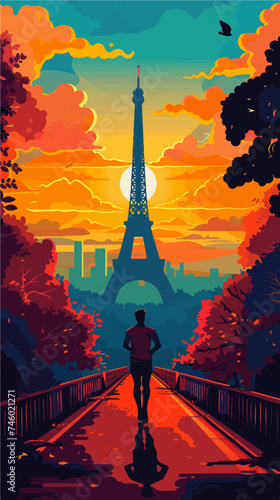 Colorful illustration person running in Paris with the Eiffel Tower in the background, Olympic Games  © Alghas