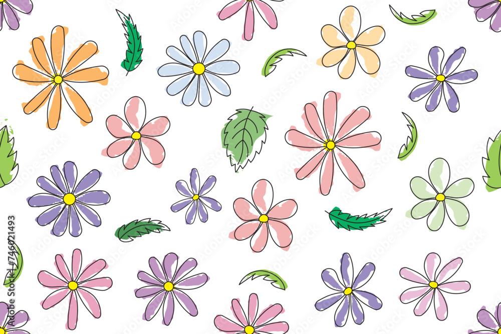 Illustration pattern of flower with leaf on white background.