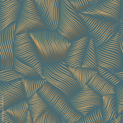 Metallic gold and patina wavy line texture. Seamless pattern of 3D glossy yellow abstract shapes on blue background.