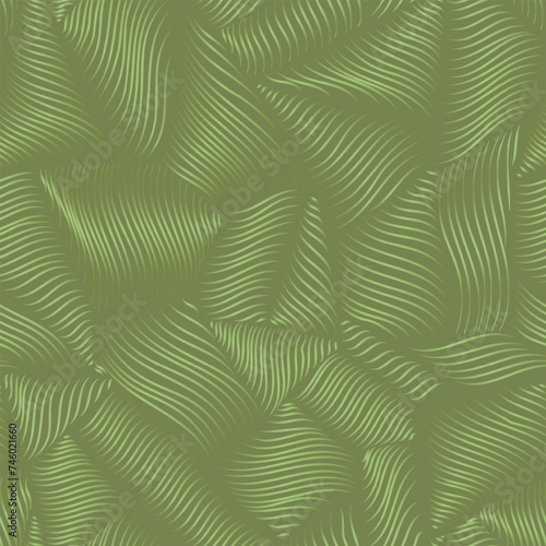 Green satin curvy line texture. Repeat geometric pattern of puffy silky fluid shapes. © Doodle Finch Designs
