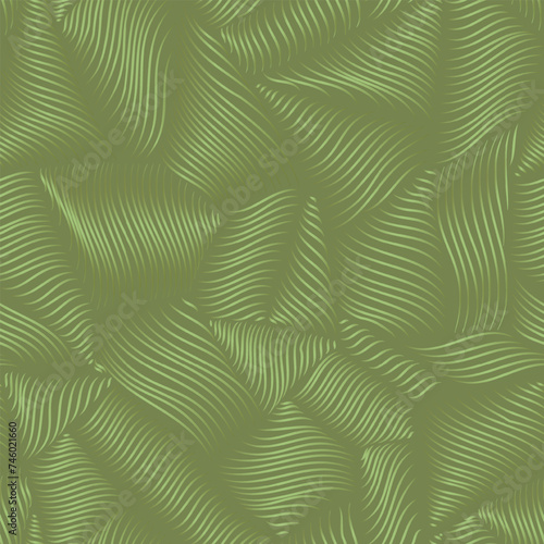 Green satin curvy line texture. Repeat geometric pattern of puffy silky fluid shapes.