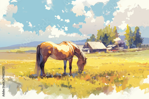 A horse in the meadow in watercolor style.